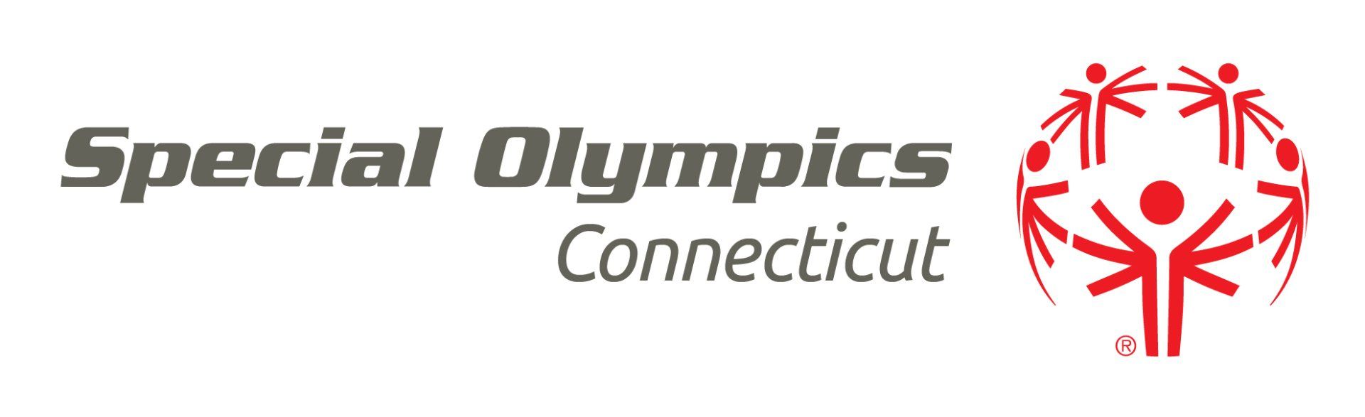 Special Olympics Connecticut logo with gray text and a red figure of people with raised arms