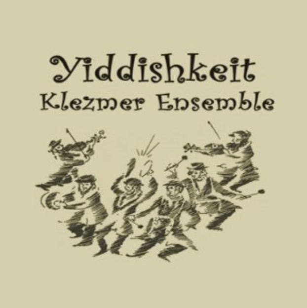Logo reading “Yiddishkeit Klezmer Ensemble” with illustrated musicians playing instruments on a beige background