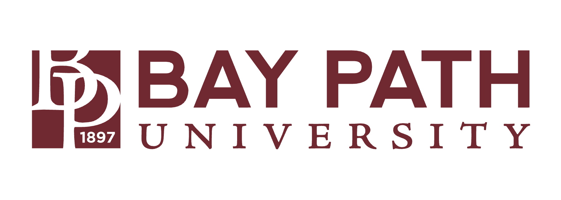 Bay Path University logo in burgundy with stylized emblem and text on a white background