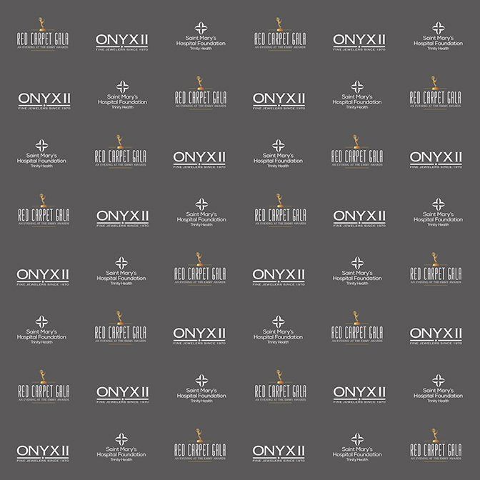 Repeating pattern of luxury brand logos in gold and white on a dark gray background
