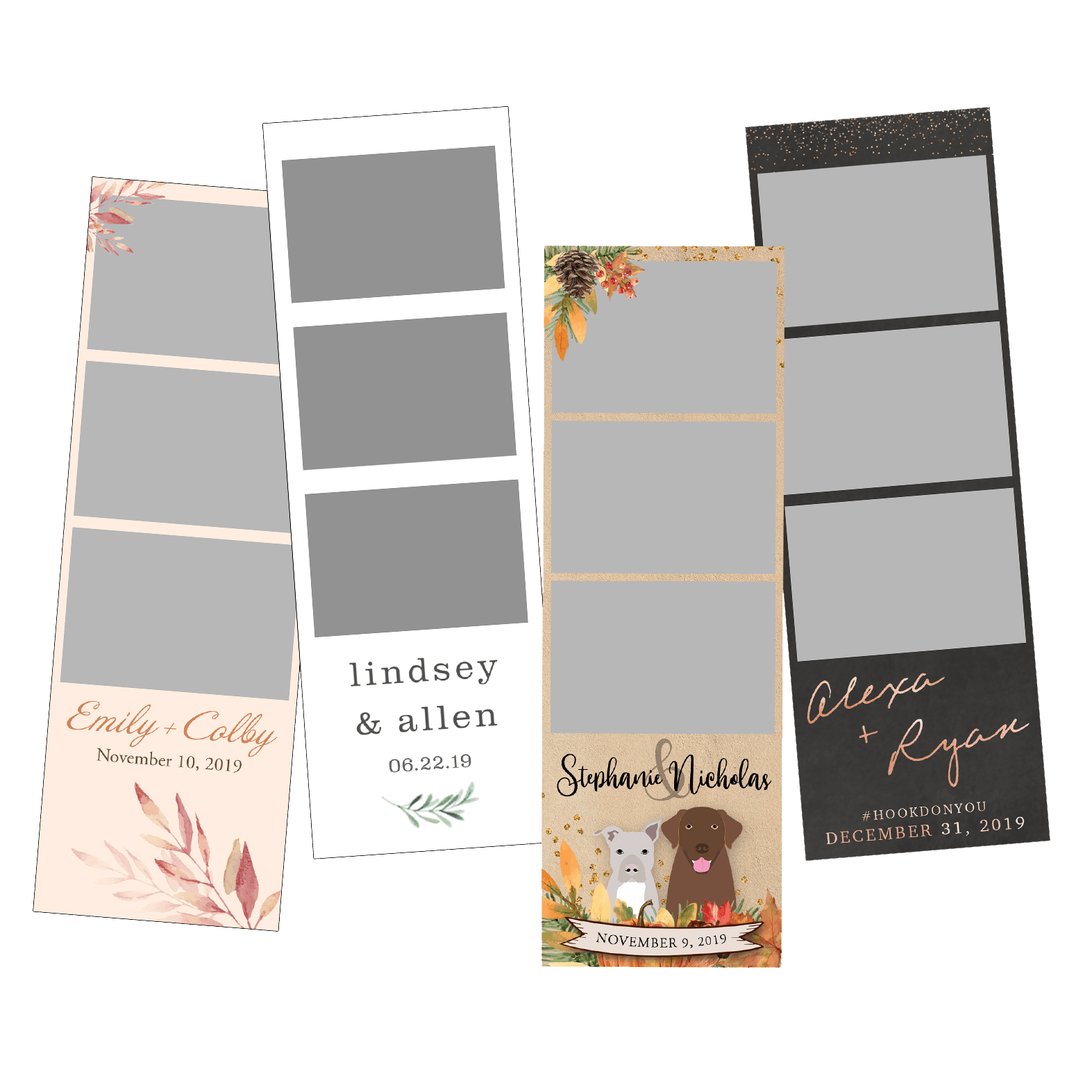Four personalized decorative hanging photo frames in pastel and dark colors, each with three photo slots.