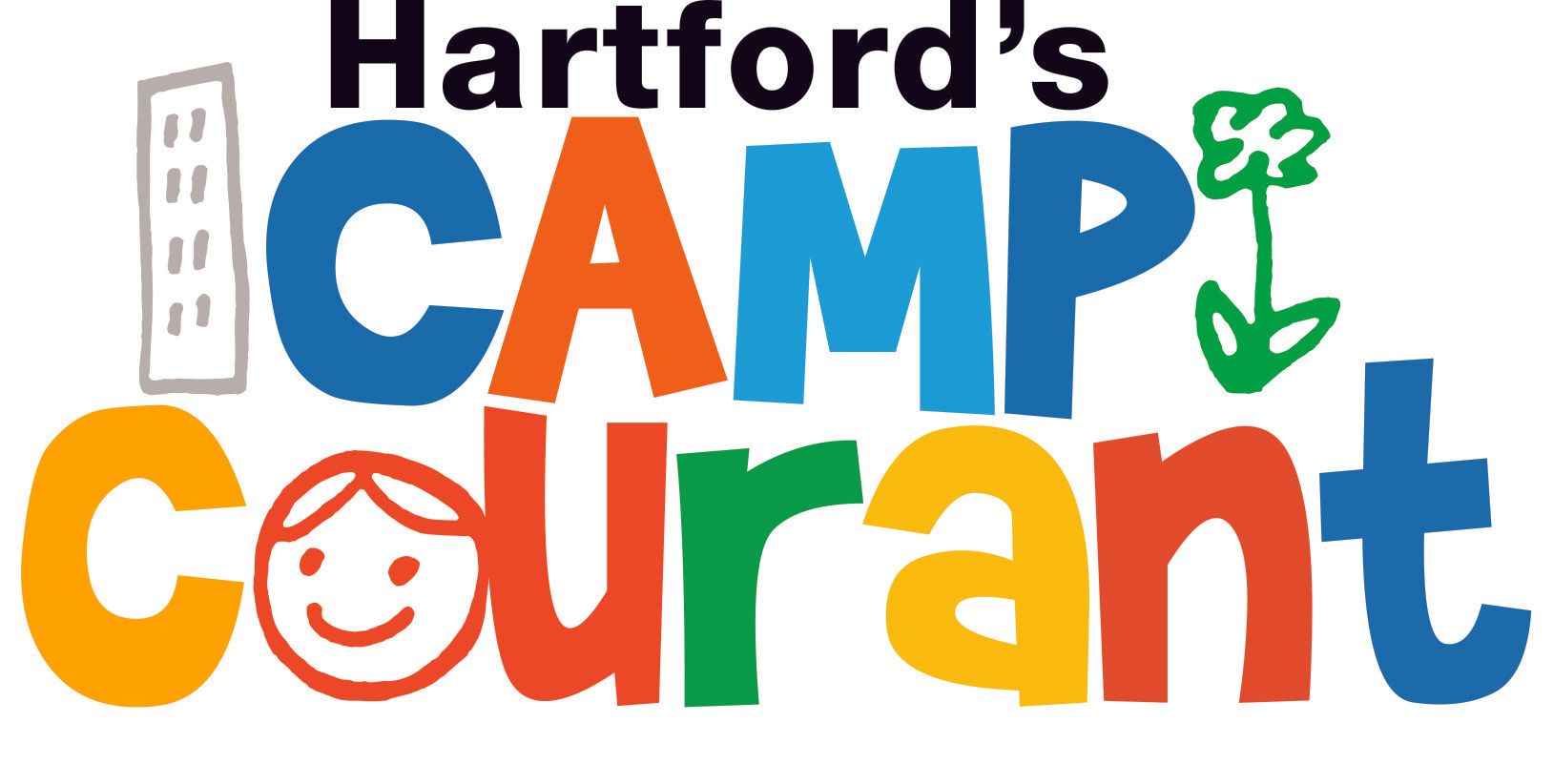 Hartford's Camp Courant logo with colorful letters and a smiling sun-like face in the word “Courant”