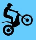 A silhouette of a person riding a dirt bike on a blue background.