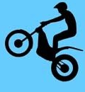 A silhouette of a person riding a dirt bike on a blue background.