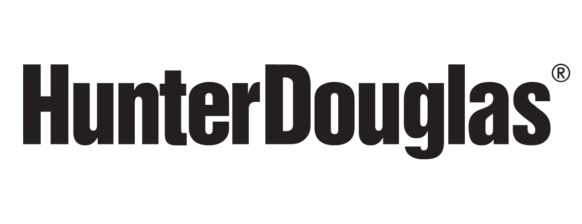 A black and white logo for hunter douglas on a white background.