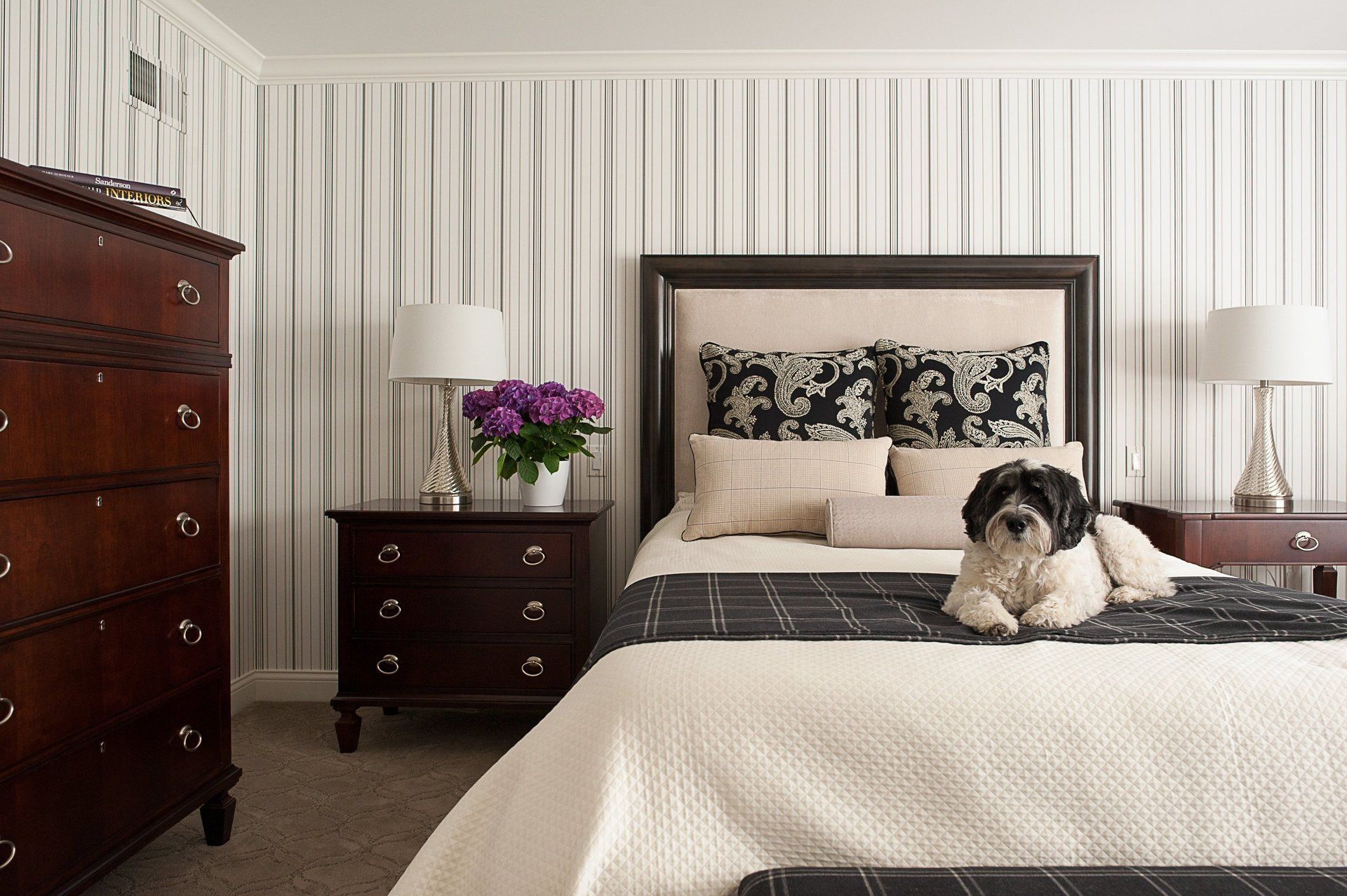 A dog is laying on a bed in a bedroom