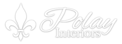 A white logo for polay interiors with a fleur de lis on a white background.