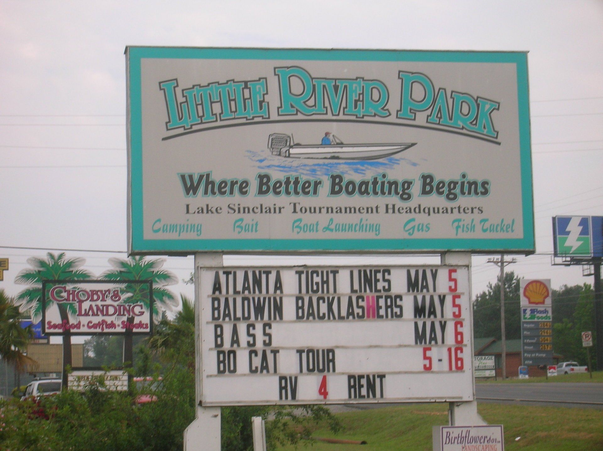 Sign for Little River Park: boating park with events listed.