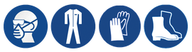 pictures of safety gear: mask, goggles, overalls, gloves and boots