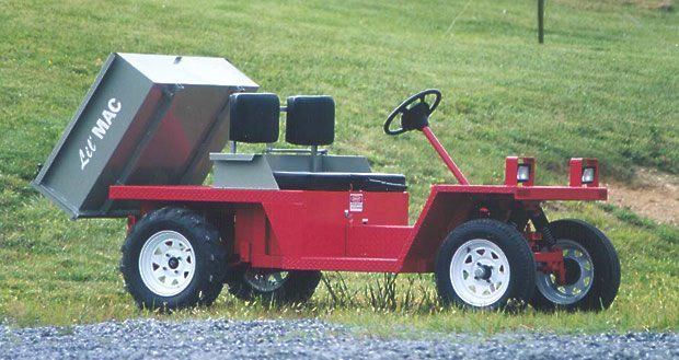 Red utility cart with a dump bed on grassy ground.