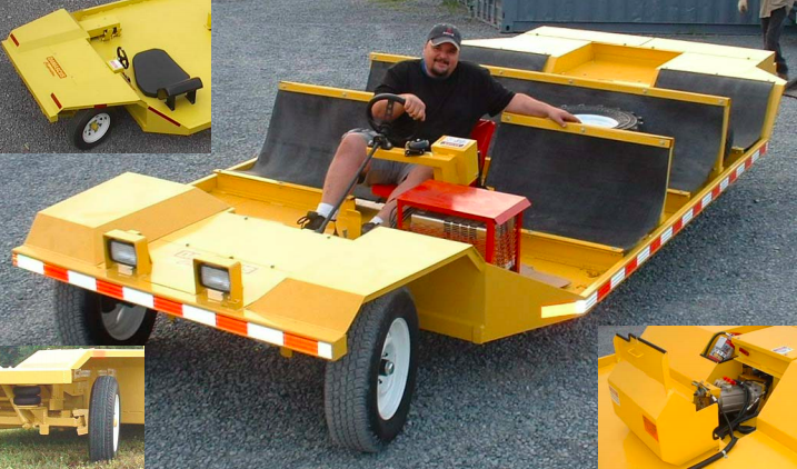 Man driving a yellow, multi-person vehicle with white tires.