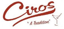 A red and white logo for ciro 's a tradition with a martini glass.
