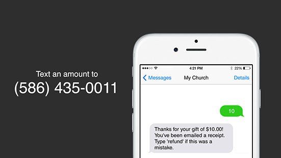 A cell phone with a message on it that says text an amount to ( 586 ) 435-0011