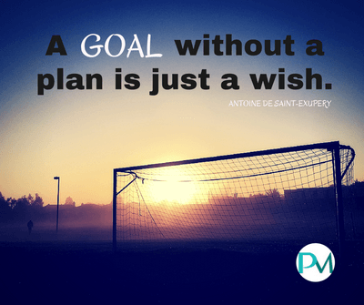 Soccer goal at sunset with text
