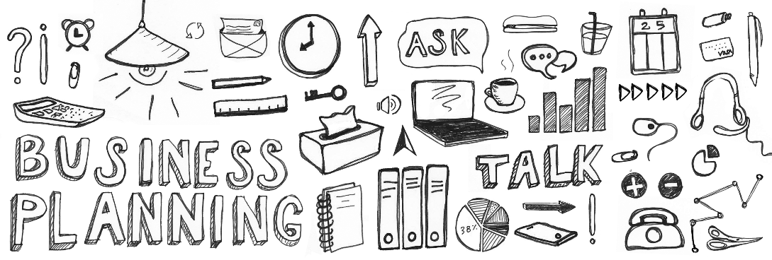 Doodle with business-related icons like clock, laptop, and phone, plus text