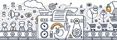 Marketing process illustration: People on conveyor belt, machine processing data, resulting in shopping carts and purchases.