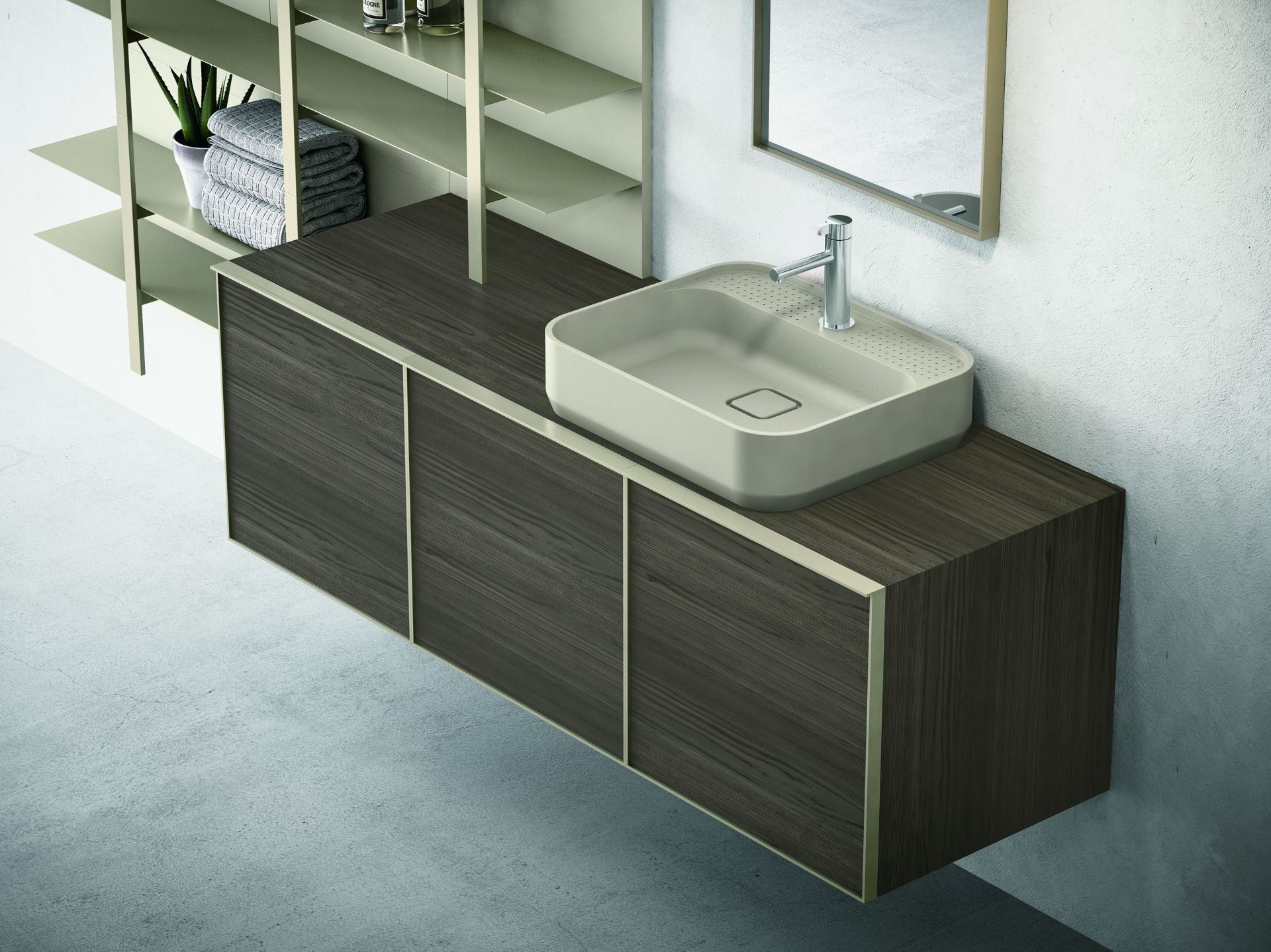 Mobile bagno marrone, sospeso con lavabo beige
