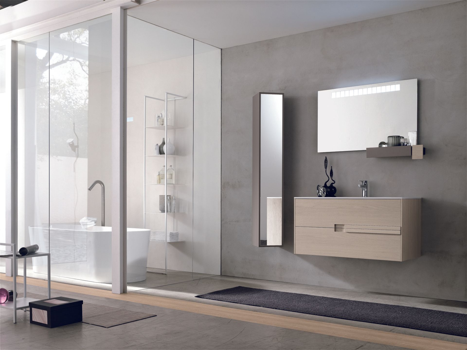 Mobile da bagno sospeso e doccia in vetro temperato