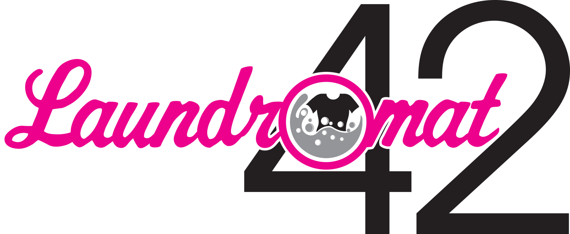 Logo for Laundromat 42, with pink script, a black number 4 and 2, and a circular graphic with a clothes-related image.