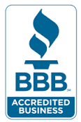 BBB Accredited Business logo with blue torch and text on white background