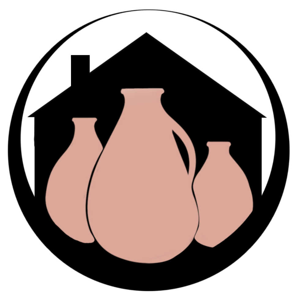Black house outline with three pink pottery jars inside a circular border