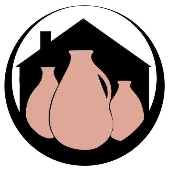 Logo of a house with three pink pottery vases inside a black circle