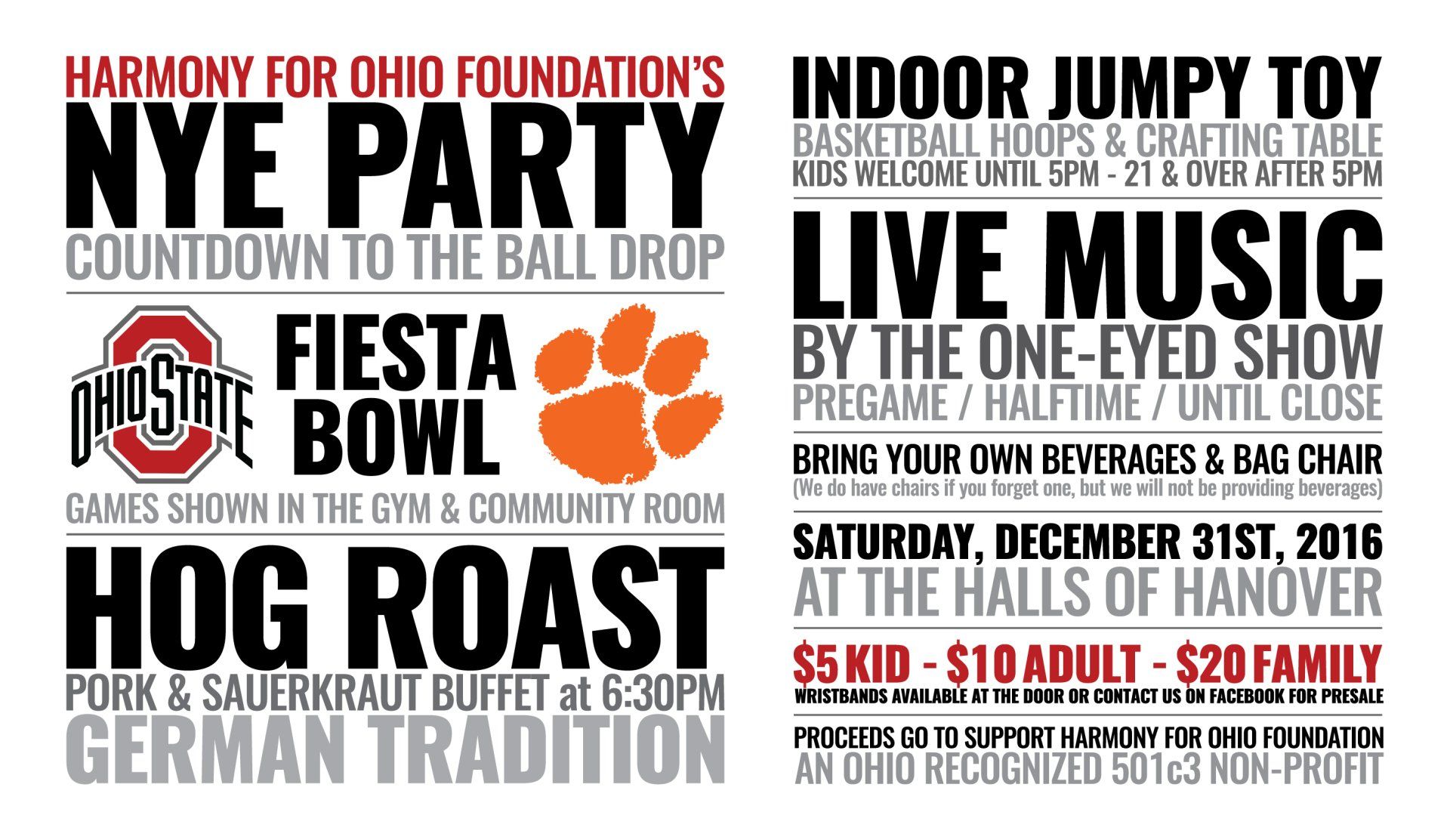 A poster for Harmony for Ohio Foundation's NYE party and hog roast