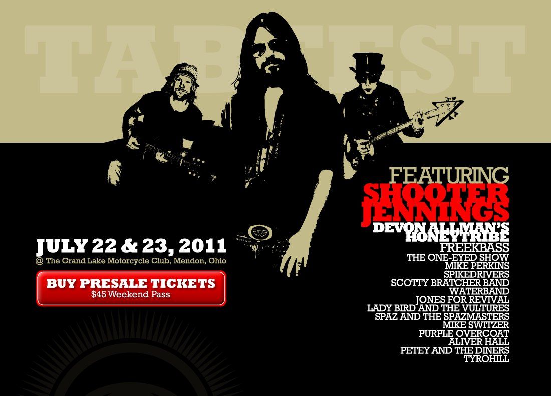 A poster for a concert that takes place on july 22 and 23 2011. Shooter Jennings, Devon Allman, and Freekbass are pictured.