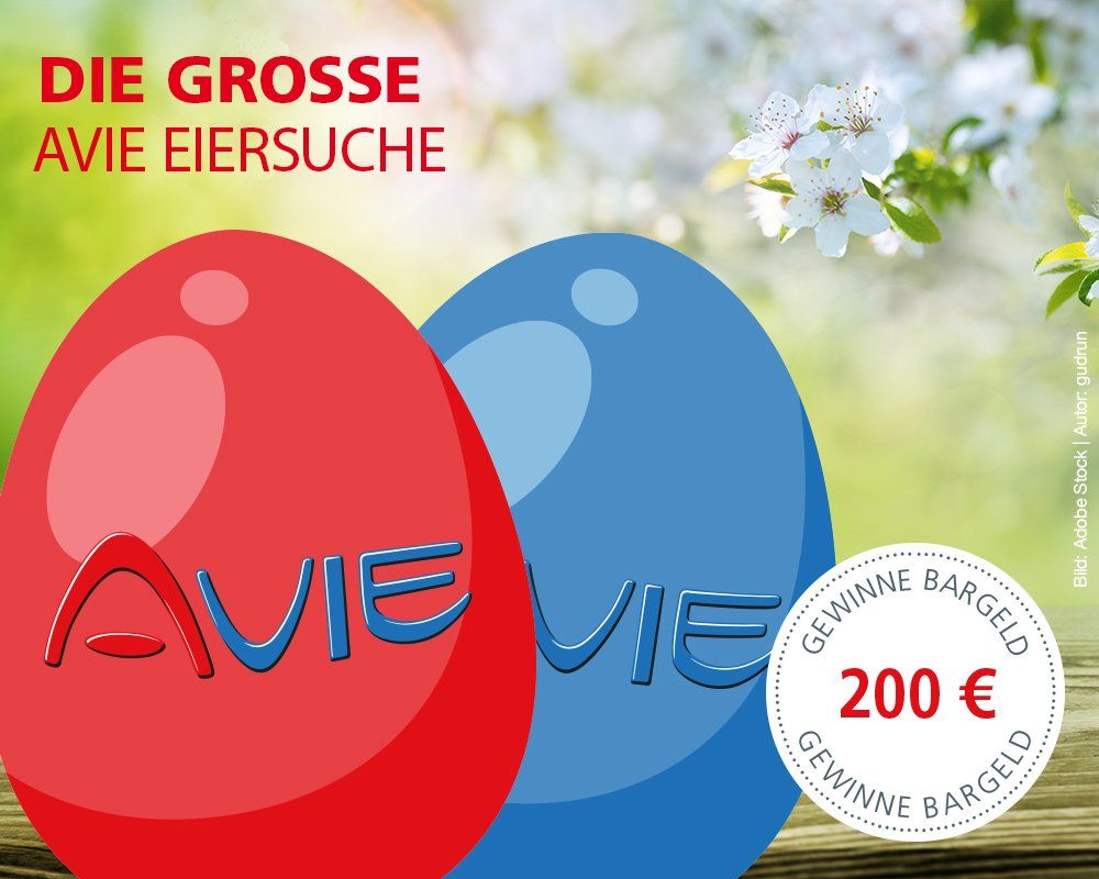 Ein rot-blaues Osterei mit der Aufschrift „Die große Vogeleiersuche“