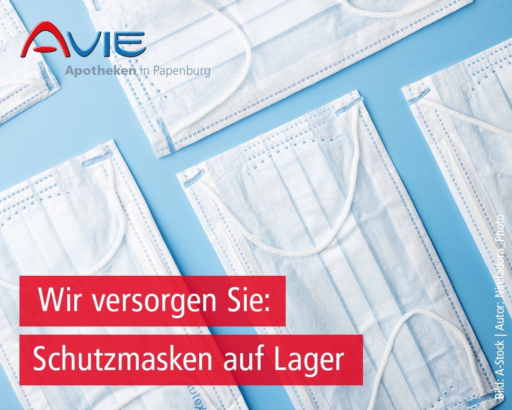 Ein Poster für Avie zeigt eine Reihe von Gesichtsmasken auf blauem Hintergrund