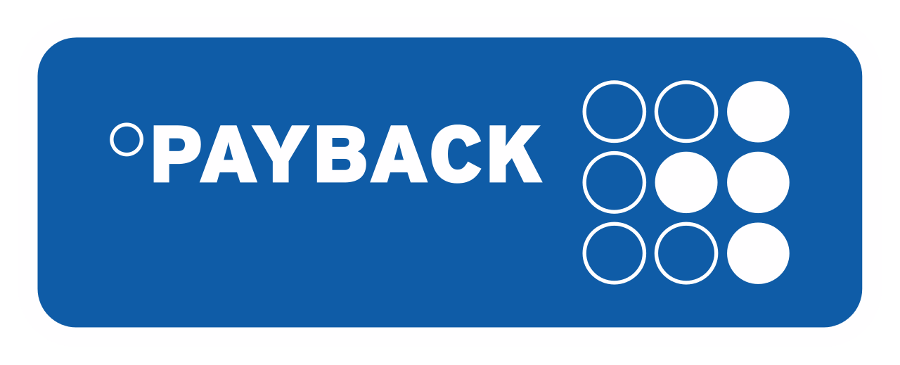 Ein blauer Knopf mit dem Wort Payback darauf