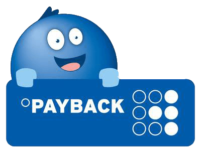 PAYBACK Eine blaue Zeichentrickfigur hält ein Schild mit der Aufschrift „Payback“