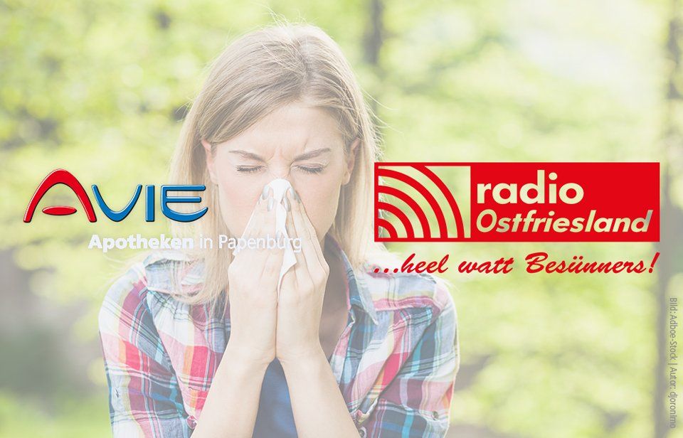 Eine Frau putzt sich die Nase. Logos Avie Apotheke Papenburg und radio Ostfriesland