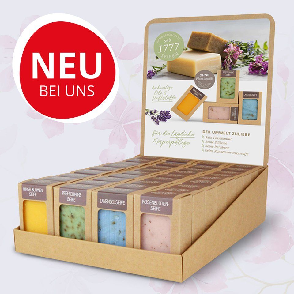 Eine Seifenausstellung mit der Aufschrift „Neu bei uns“