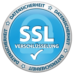 SSL-Verschlüsselung-Siegel Ein blauer Kreis mit dem Wort SSL darauf