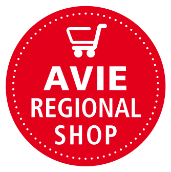 Ein roter Kreis mit der Aufschrift „avie regional shop“ darauf