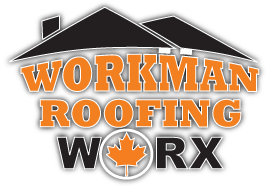 Workman Roofing logo: Orange and black text over a house silhouette, with a maple leaf icon.