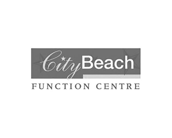 A black and white logo for city beach function centre