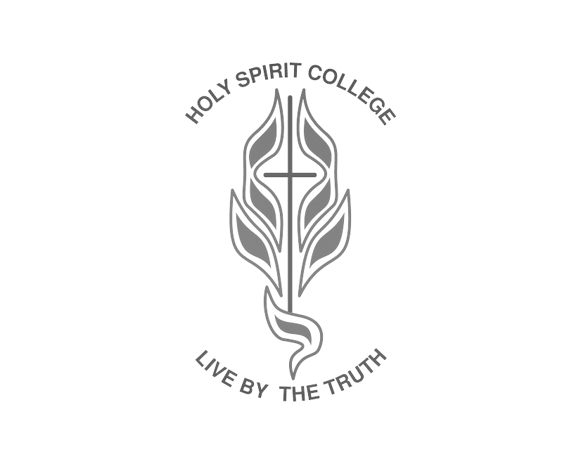 The logo for holy spirit college is a feather with a cross on it.