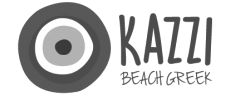 A black and white logo for kazzi beach greek