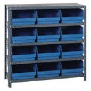 A metal shelf with blue bins on it.