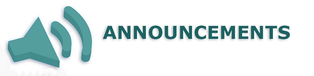 Teal megaphone icon with sound waves next to the word “ANNOUNCEMENTS”