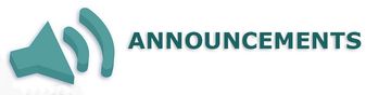 Teal megaphone icon with sound waves next to the word “ANNOUNCEMENTS”