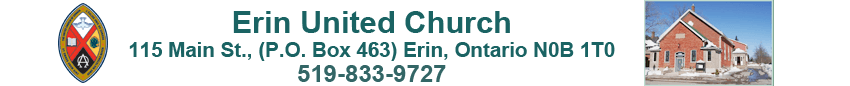 Erin United Church logo and contact information with a small church building photo on the right.