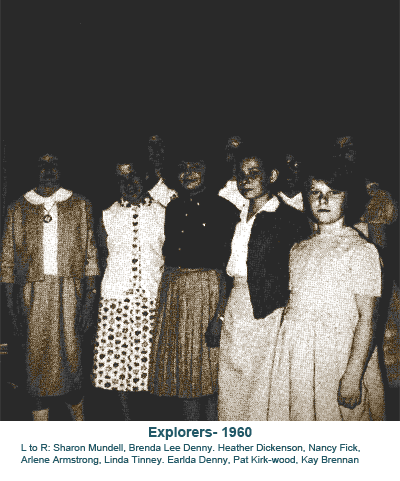 Five women pose in a dark room under the title “Explorers - 1960”