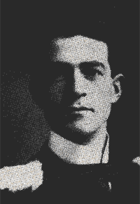 Black-and-white portrait of a solemn man in a military-style uniform, facing forward.