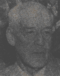 Close-up black-and-white portrait of a man with a serious expression.