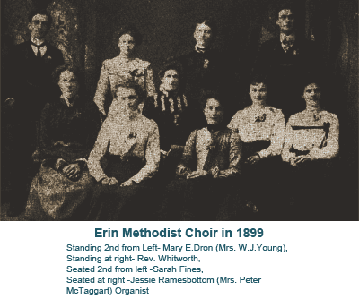 Sepia-toned formal group portrait labeled “Erin Methodist Choir in 1899.”