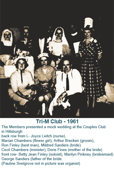 Group portrait captioned “Tri-M Club - 1961,” showing several people in formal and themed costumes.