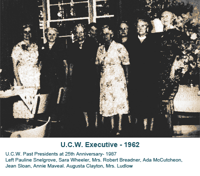 Historic black-and-white group portrait labeled “U.C.W. Executive - 1962” with eight people indoors